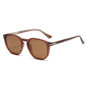 Retro polarized sunglasses with amber frames and brown lenses shown at a 45-degree angle