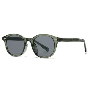Retro-Rundsonnenbrille aus graugrünem Acetat mit grauen Gläsern und silbernen Scharnieren