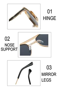 Detailed views of metal hinges, silicone nose pads and temple tips of aviator sunglasses