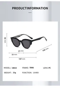 Detailed size specifications for TR90 UV400 sunglasses with black butterfly frame