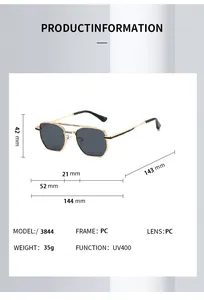 Detailed size chart for retro double-bridge pilot sunglasses with UV400 PC lenses