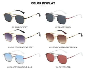 Detailed color display of six double-bridge aviator sunglasses with metal frames