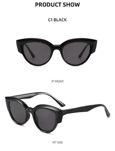 Macro view of chic black TR90 cat eye sunglasses from front and 45-degree side angles