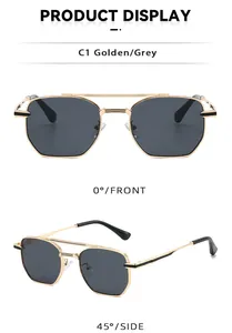 Front and side views of gold metal aviator sunglasses with dark grey lenses
