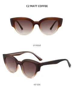 Detailed front and 45 degree side view of matte coffee TR90 cat eye sunglasses