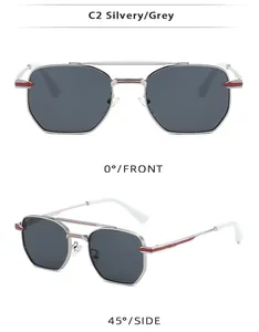 Front and 45-degree views of silver metal aviator sunglasses with grey lenses