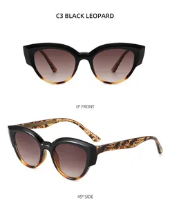 Detailed front and 45-degree side view of cat eye sunglasses with leopard print temples