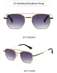Detail of golden aviator sunglasses with gradient purple-grey lenses and double bridge