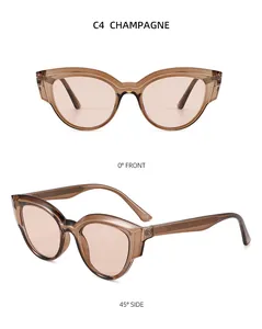 Front and 45-degree side views of champagne TR90 cat-eye sunglasses with transparent finish