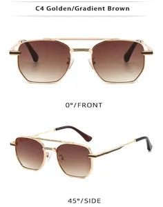 Detail showing golden double-bridge metal frame and brown gradient lenses of pilot sunglasses