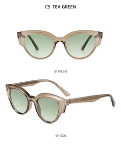 Front and 45-degree side views of cat-eye sunglasses in tea green and translucent frames