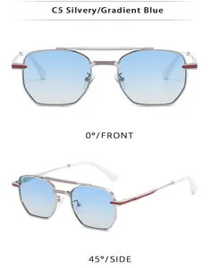 Silver metal double bridge aviator sunglasses with gradient blue lenses and red details