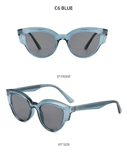 Front and 45-degree side view of light blue TR90 cat-eye sunglasses with grey lenses