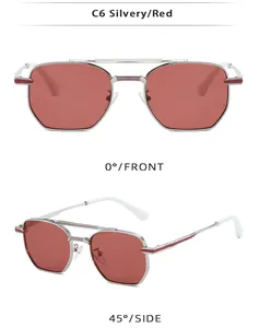 Front and side views of silver metal aviator sunglasses with red lenses and double bridge