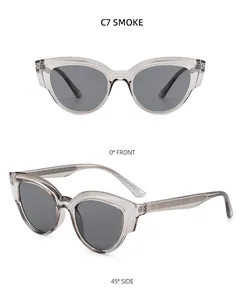 Detail view of C7 Smoke cat-eye sunglasses with translucent frames and matte temple stems