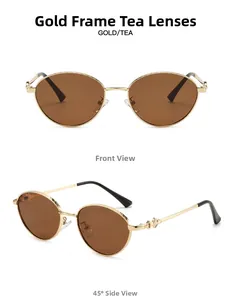 Front and 45-degree angle views of oval gold metal sunglasses with tea brown lenses