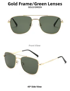 Vue détaillée des lunettes d'aviateur en métal doré avec verres verts, de face et de profil
