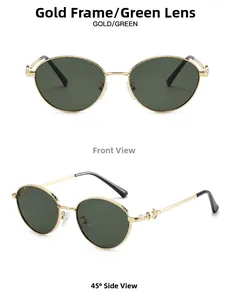 Macro detail of gold metal frame with intricate engravings and green sunglass lenses