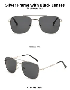 Vues de face et à 45 degrés des lunettes de soleil aviateur avec monture en métal argent