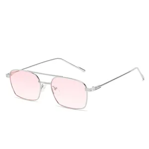 Occhiali da sole rettangolari in metallo argento con doppio ponte e lenti rosa moda