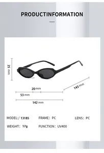Detailed size specifications for oval cat eye sunglasses featuring PC frame and UV400 lens