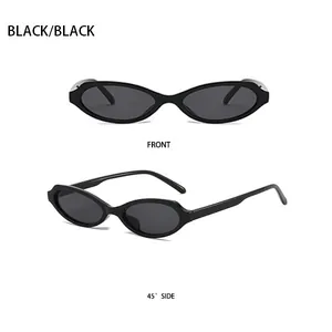 Front and side view of minimalist black oval cat-eye sunglasses with slender temples