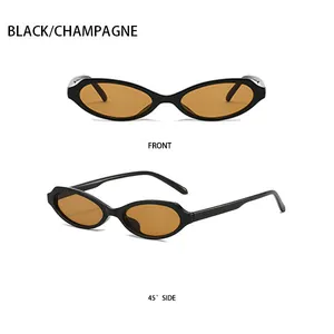 Front and 45-degree side views of black oval sunglasses with champagne lenses