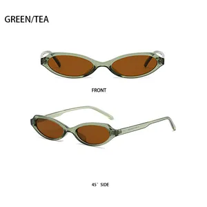 Front and 45-degree side view of green translucent cat eye sunglasses with tea lenses