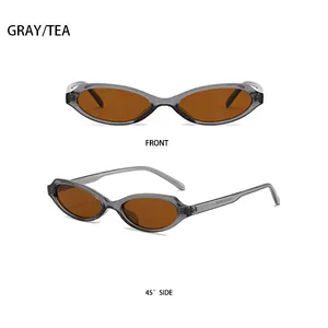 Detailed views of gray cat-eye sunglasses with tea lenses from front and 45-degree angles