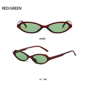 Detailed front and 45-degree side view of oval sunglasses with red frame and green lenses