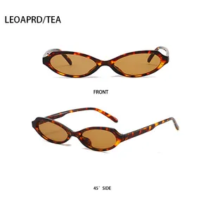 Front and 45-degree side views of vintage leopard print oval cat eye sunglasses