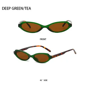 Front and side view of oval dark green sunglasses with stylish tortoiseshell temples