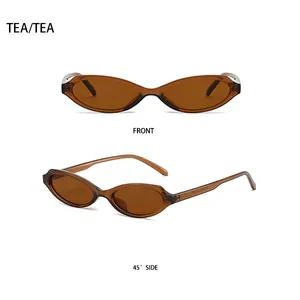 Front and 45-degree side view of vintage tea-colored oval cat-eye sunglasses