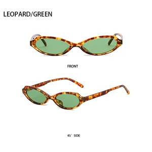 Front and 45-degree side view of oval leopard print cat-eye sunglasses with green lenses
