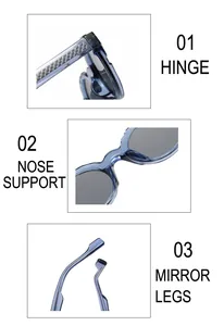 Detail view of transparent blue TR90 sunglasses showing hinge, nose pads, and temple tips