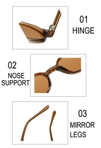 Detail of metal hinge, integrated nose support and smooth temple tips on amber sunglasses