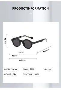 Detailed dimensions of retro TR90 round sunglasses with UV400 protection and 142mm width