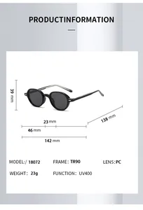 Detailed size chart of TR90 vintage oval sunglasses with UV400 protection measurements