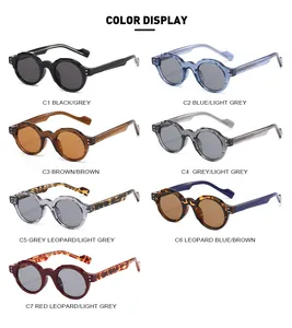 Color display of seven vintage round TR90 sunglasses in solid and leopard patterns