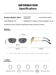 Size chart showing dimensions of metal polygonal sunglasses with lens and frame details