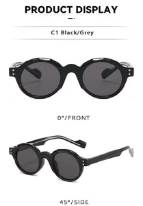 Detail view of round TR90 sunglasses with unique wavy textured frames and silver rivets