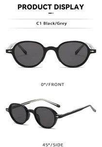 Detailed front and side view of oval TR90 sunglasses with silver arrow studs in black