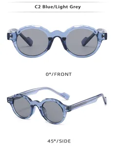 Detail view of round blue translucent sunglasses with scalloped edges and grey lenses