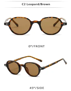 Detailed front and side views of leopard print TR90 oval sunglasses with brown lenses