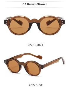 Detail view of round brown sunglasses with unique scalloped edges and TR90 frames