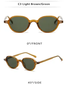 Detailed front and side views of light brown oval TR90 sunglasses with green lenses