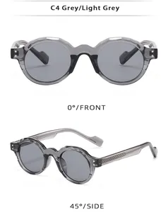 Detailed front and side views of grey translucent TR90 round sunglasses with wave edges