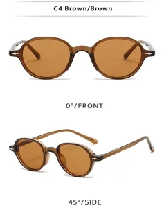 Front and 45-degree side views of vintage oval sunglasses with brown frames and lenses
