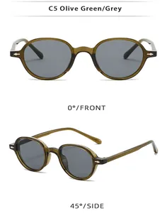 Detail view of vintage oval olive green TR90 sunglasses with grey lenses and metal arrow trim
