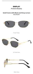 Polygonal gold sunglasses with hollow temples and adjustable nose pads shown in three views